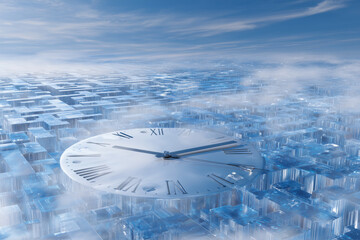 A large gold clock floats above an abstract maze made of clear blocks. This surreal scene captures the challenge of time management in a complex landscape, evoking thoughts on time and navigation