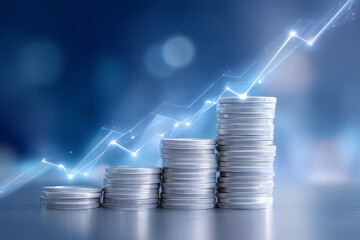 Coins are stacked in increasing height, symbolizing financial growth and investment success. A glowing line graph shows data trends, reflecting positive market movement