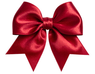 Close-up of a vibrant red satin bow, with looped top and cascading tails