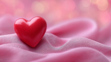 Obraz premium Shiny Red Heart on Soft Pink Fabric with Bokeh Background