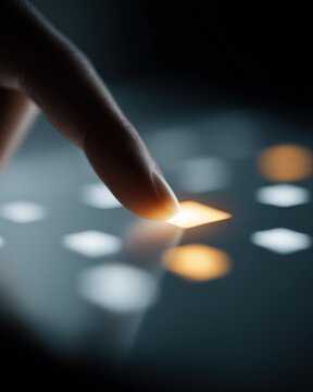 Close-up of a hand selecting a glowing icon on a universal digital interface, representing simplicity and unified platforms.