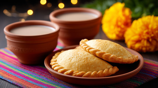 Traditional gujiya dessert served with thandai drink in clay cups on festive textile background for indian festival celebrations food culture and holidays
