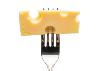 Slice of porous swiss cheese impaled on a metal fork utensil