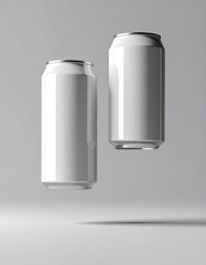 Two white metallic beverage containers against a smooth grey background