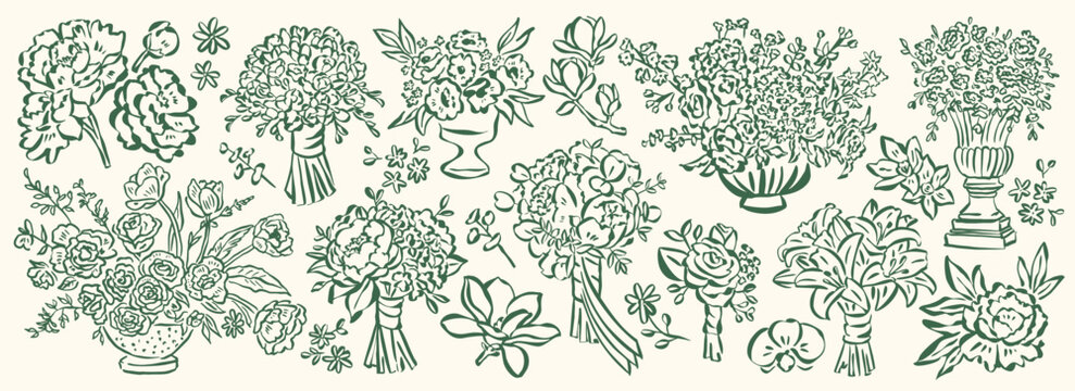 Botanical hand drawn illustration set. Art for greeting cards, wedding invitations, poster design, postcards, branding, logo design, background.