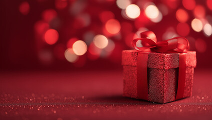 Red Christmas present boxes with bow  and bokeh lights on red background. design for greeting cards, banners and posters for Christmas presents.