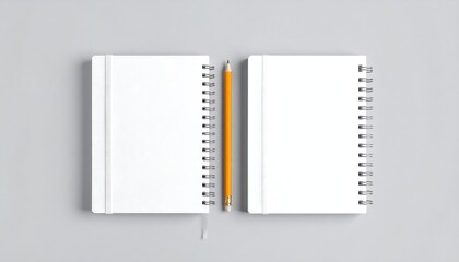 Two white notebooks and a pencil centered on a plain gray background