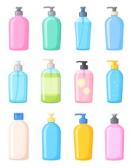 Twelve colorful, illustrated bottles with pump dispensers, ready to use