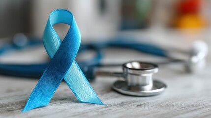 Blue awareness ribbon with stethoscope on table