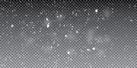 Falling snow particles in various sizes and densities, focused at the top and fading downward on a transparent background for realistic winter and holiday design overlays.