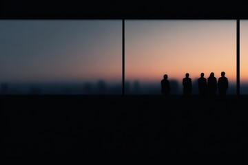 Fototapeta premium Silhouettes of a small team standing by a large window overlooking a city at sunset, engaged in deep discussion, conceptual and dramatic lighting.