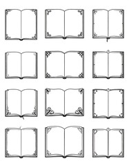 Twelve open book illustrations with varying ornate corner designs