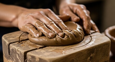 Pottery hands shaping clay on spinning wheel in artisan studio  