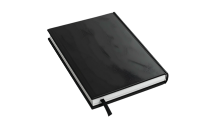 Glossy black notebook angled slightly against a black backdrop, with a page marker