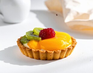 Elegant dessert tart arranged with minimal composition showcasing glossy fruit and warm highlights over refined pastry form