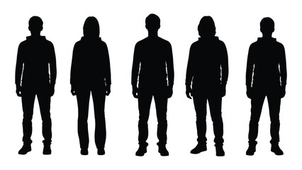 Five figures stand in a row showcasing various poses and clothing a striking silhouette