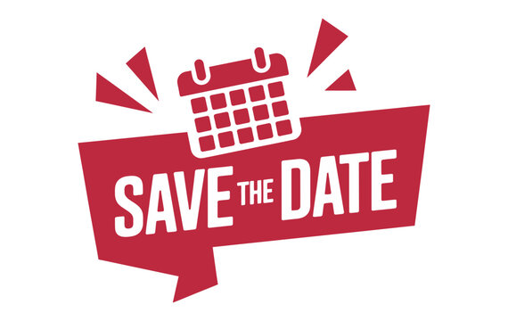A red and white graphic design element reading save the date with a calendar icon for event invitations
