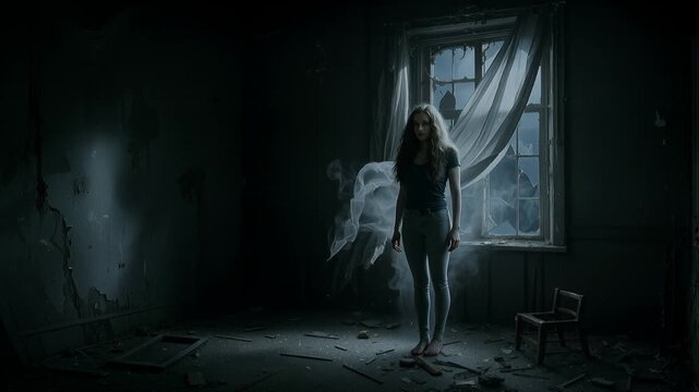 Ethereal female spirit materializing in abandoned haunted house. Spooky apparition in derelict room at night. Lockdown shot.