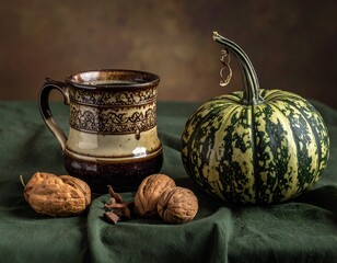 Still life rustic mug, decorative gourd, walnuts, and dried leaf on a green cloth