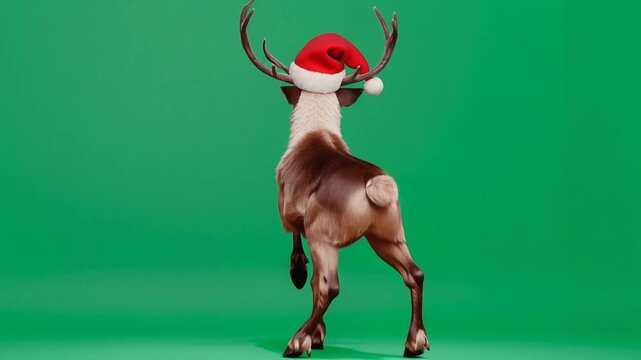 Festive reindeer character dancing on green screen. Isolated animal wearing Santa hat for holiday compositing.