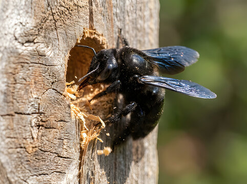 Carpenter bee actively burrowing a hole in wood. The hole size is about half an inch.
