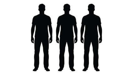Three male figures standing in a row viewed from the front dark outline silhouette
