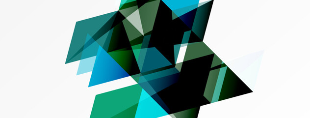 Fototapeta premium Abstract geometric shapes overlap, creating dynamic composition. Shades range from teal to dark green, set against white background.