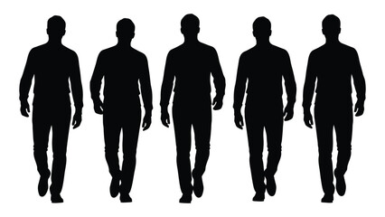 A row of five male figures walking forward presented as a striking black silhouette