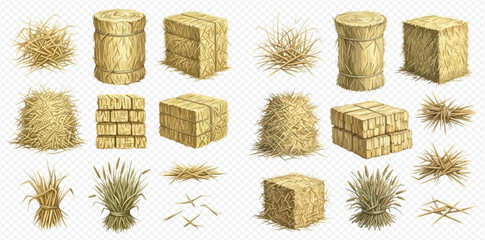 Set of various hay and straw elements including bales, stacks, and loose piles, perfect for farm and harvest designs. © studio