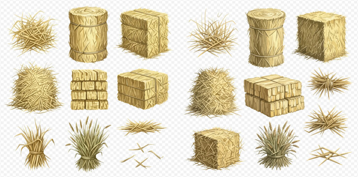 Set of various hay and straw elements including bales, stacks, and loose piles, perfect for farm and harvest designs.