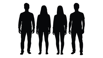 Four individuals standing in a row depicted as dark shapes against a white background silhouette