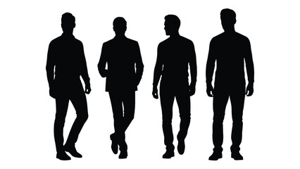 Four men standing in a row depicted as dark shapes against a white background silhouette