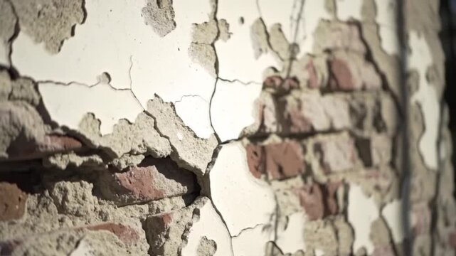 Rough textured wall reveals worn brickwork and cracked plaster close up.