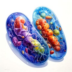 Two abstract, capsule-shaped cells, detailed watercolor illustration