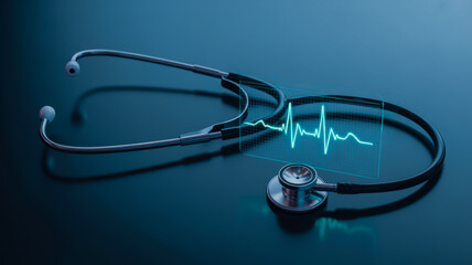Medical stethoscope with digital heartbeat waveform overlay representing healthcare and technology concept
