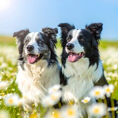Two adorable dogs in a field of daisies, posing joyfully