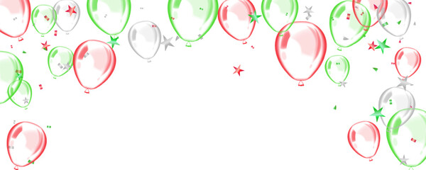 Red, green, silver balloon and confetti Christmas celebration. Holiday background, birthday party element