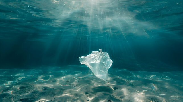 Surreal underwater scene with floating plastic bag highlighting environmental issues