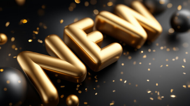 Goldene dreidimensionale Buchstaben formen das Wort NEW mit funkelnden Lichteffekten