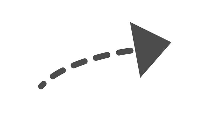 Animated dashed curved arrow pointing direction in transparent background. Navigation line art in a cartoon animation. Minimalist progress performance symbol.