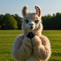 Fototapeta premium Anthropomorphic fluffy llama character posing in a sunny field. Detailed soft fur costume design for creative fantasy events and fandom conventions ,sunny ,expressive ,happy