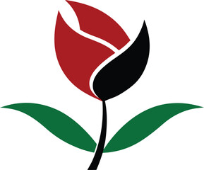 Stylized Red Tulip Flower with Green Leaves on Transparent Background