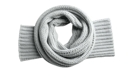 Knitted loop scarf, neutral gray color, isolated on black background