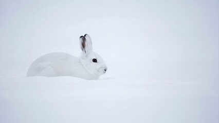 Arctic Hare Camouflaged in Snowy Winter Landscape.
