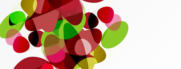 Abstract shapes overlap, creating vibrant color blends. Reds, greens, yellows dominate white background. Modern design element.