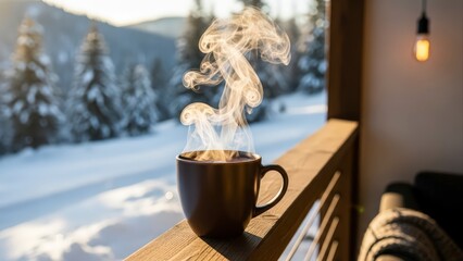 Steaming Cup of Coffee on a Snowy Balcony Overlooking a Winter Forest.