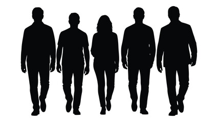 A group of five people walking forward presented as a striking black silhouette