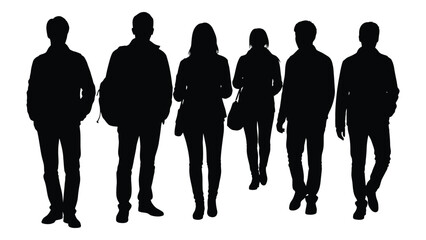 A group of six people standing together depicted in a dark striking silhouette