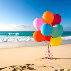 Vibrant balloons cluster near sandy beach, ocean, and clear blue sky