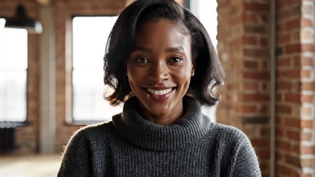 Beautiful woman with dimples smiles at the camera, wearing a gray turtleneck sweater in a brick room